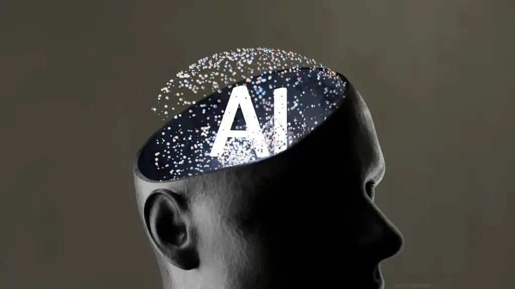 Mākslīgā intelekta konceptuāls attēls ar cilvēka galvu un digitālu tehnoloģiju simboliem.