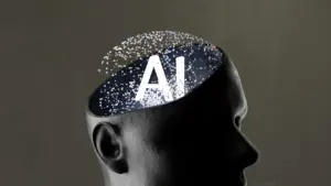Mākslīgā intelekta konceptuāls attēls ar cilvēka galvu un digitālu tehnoloģiju simboliem.
