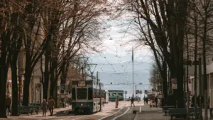 Pilsētas iela ar kokiem, tramvaju un attālām kalnu virsotnēm fona skatā.